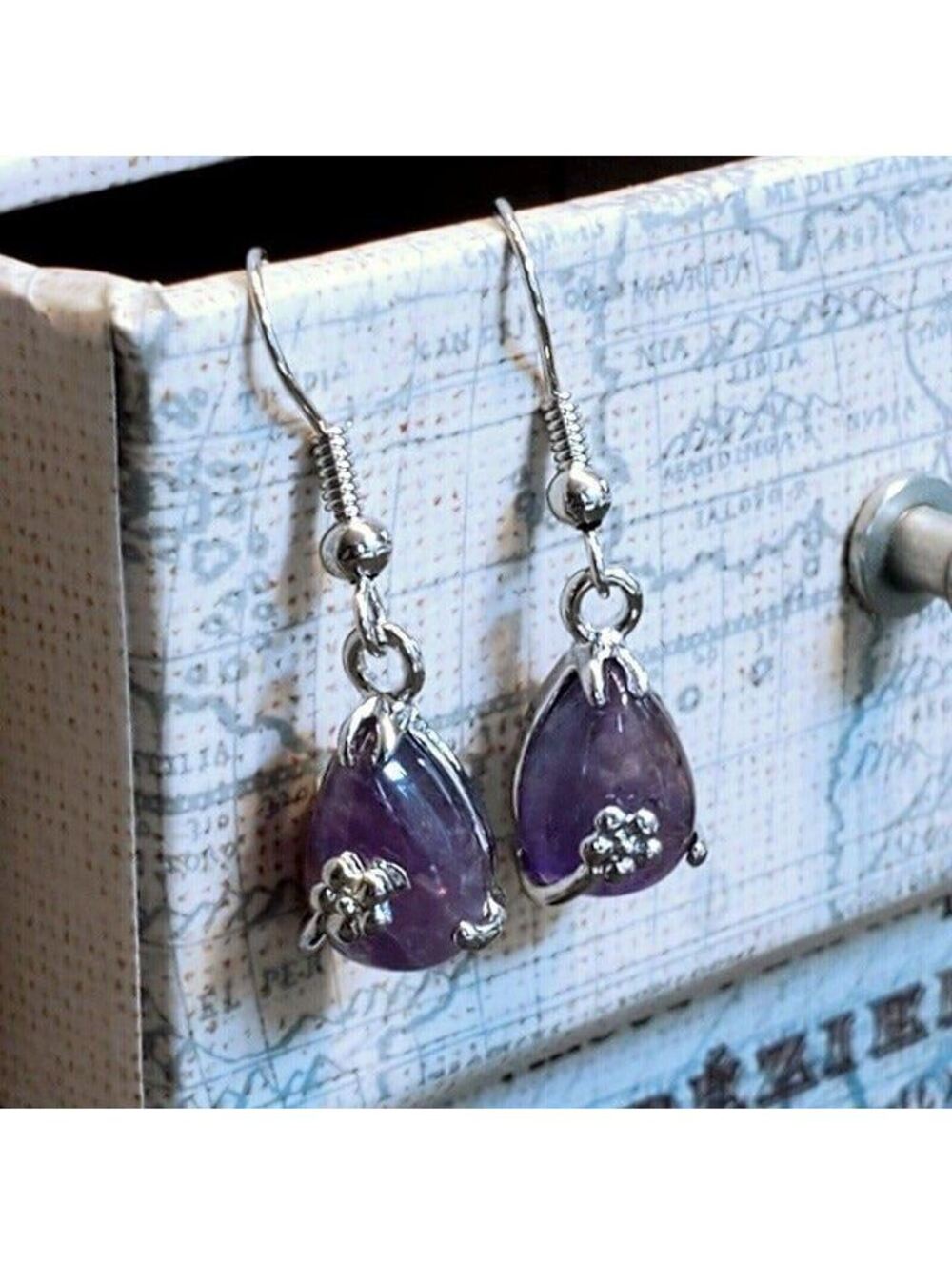 Little Teardrop Amethyst Gemstone Silver Platinum Plated Earrings